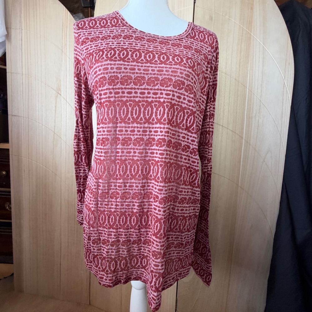 Aventura Tunic Top Womens XL Red Pink Geometric Burnout Long Sleeve Boho Cotton